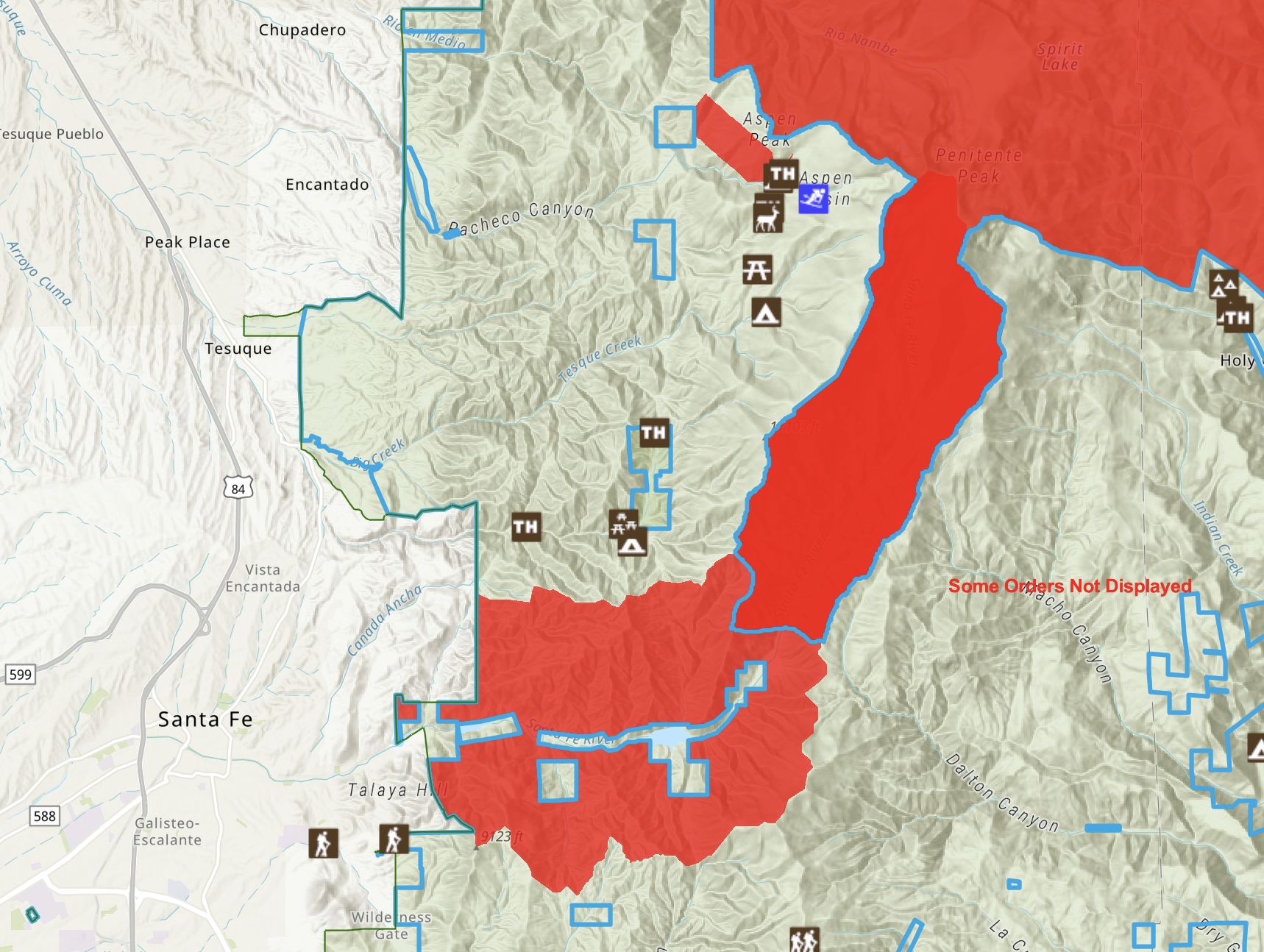 Map of current Frijoles Fire area closures near Santa Fe